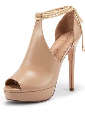 Women's Khaki Peep Toe Platform Heels Sandals Strappy Lace Up Tie Stiletto Shoes